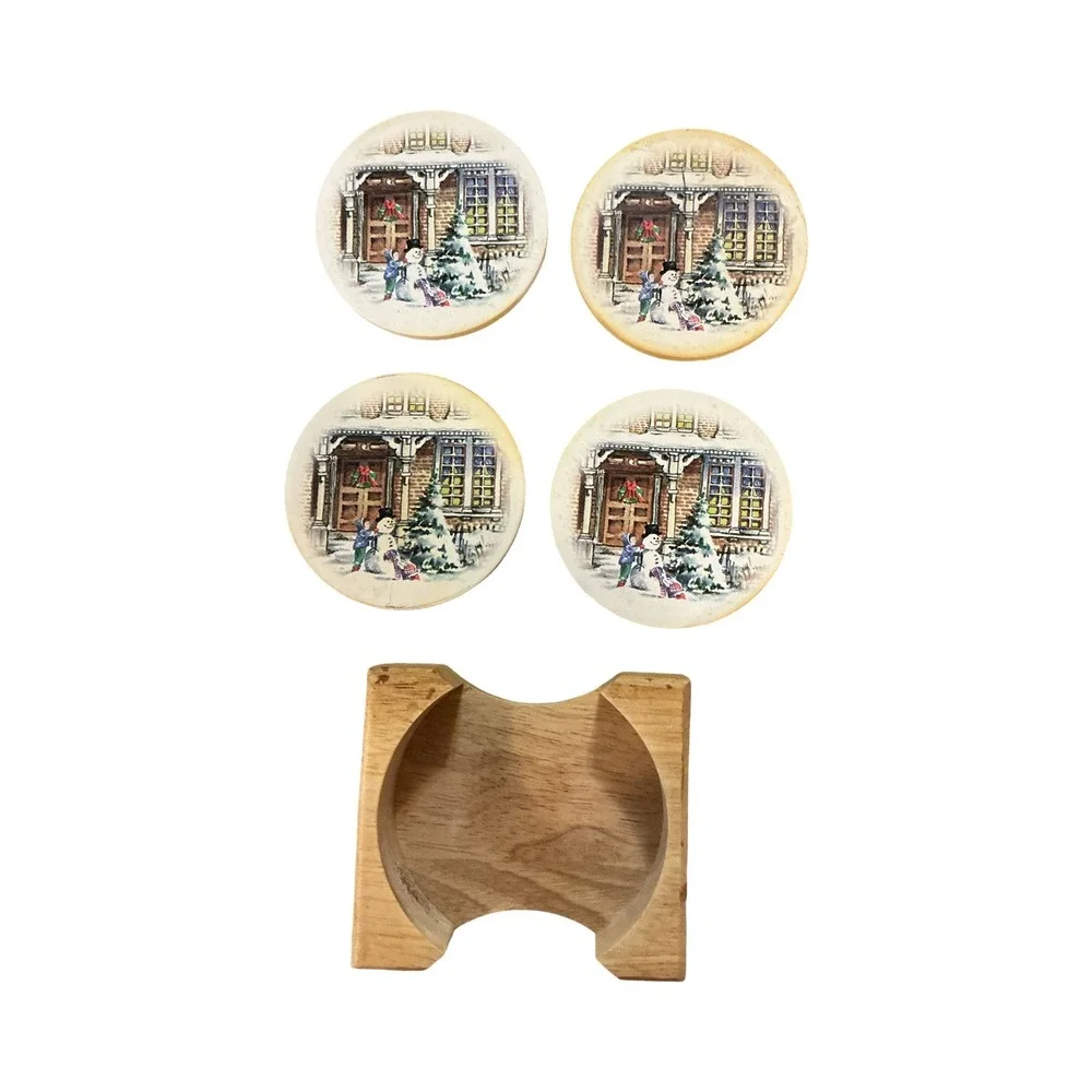 Vintage Christmas Snowman Stone Coasters Set of 4 Wood Holder 4 Inch Round